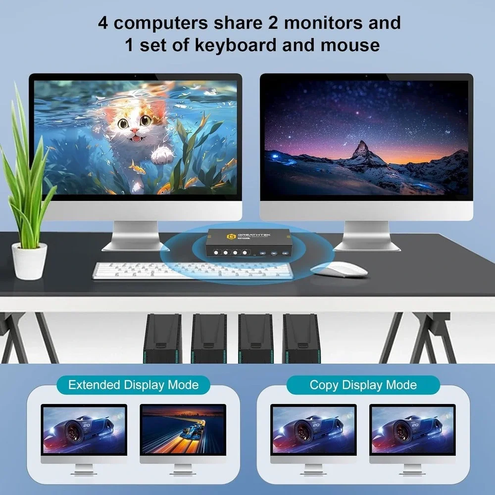 GREATHTEK 4K@60Hz KVM Switch 4 Port Dual Monitor HDMI 3 USB 3.0 7415H2-0513